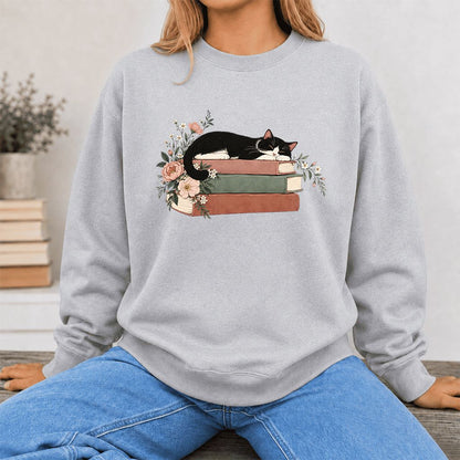 Sleeping Tuxedo Cat On Books Crewneck Sweatshirt | Cat Lover Reader Gift Sport Grey