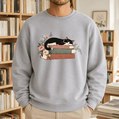Sleeping Tuxedo Cat On Books Crewneck Sweatshirt | Cat Lover Reader Gift Sport Grey