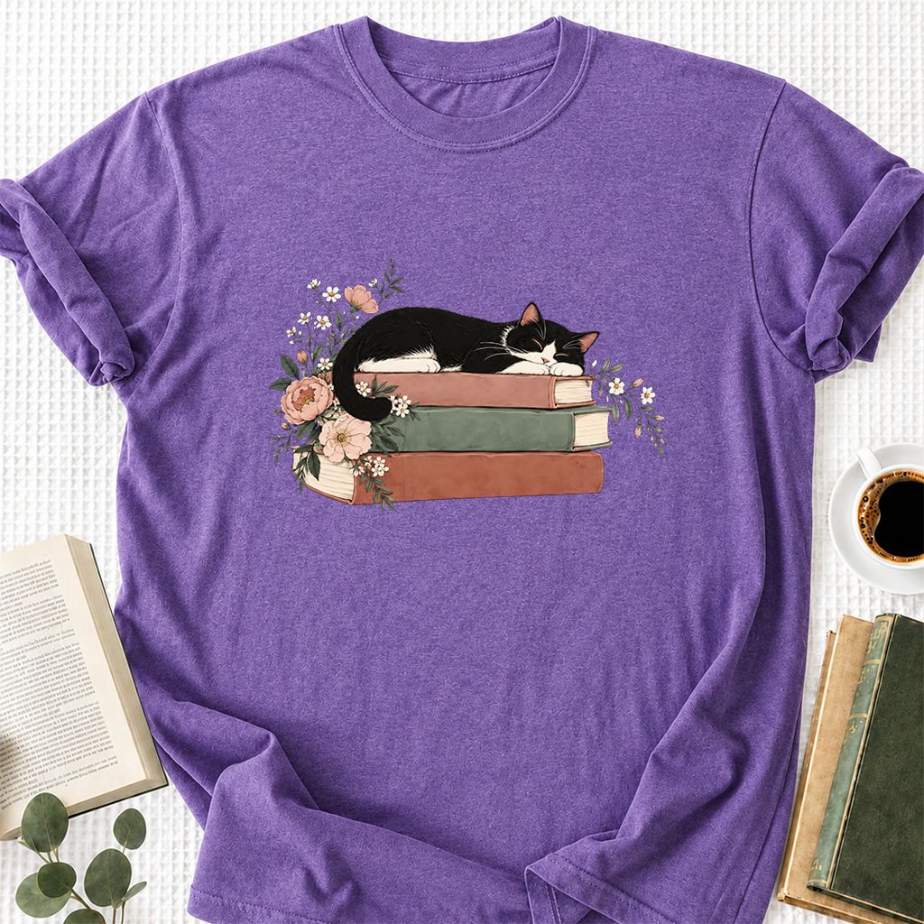 Sleeping Tuxedo Cat On Books Printed T-Shirt | Cat Lover Reader Gift Heather Purple