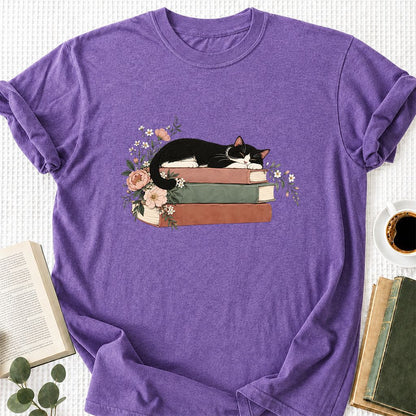 Sleeping Tuxedo Cat On Books Printed T-Shirt | Cat Lover Reader Gift Heather Purple