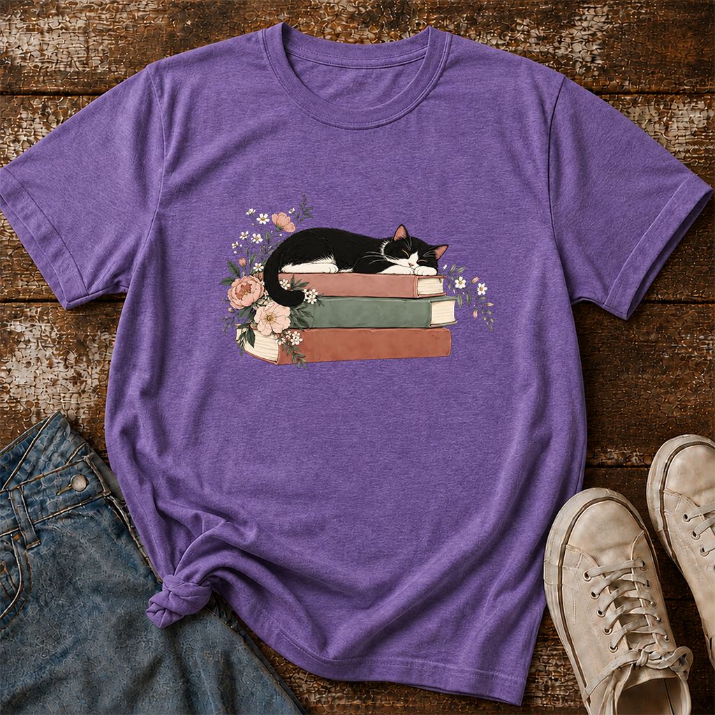 Sleeping Tuxedo Cat On Books Printed T-Shirt | Cat Lover Reader Gift Heather Purple