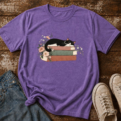 Sleeping Tuxedo Cat On Books Printed T-Shirt | Cat Lover Reader Gift Heather Purple