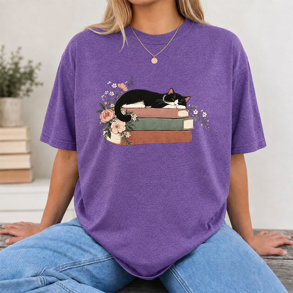 Sleeping Tuxedo Cat On Books Printed T-Shirt | Cat Lover Reader Gift Heather Purple