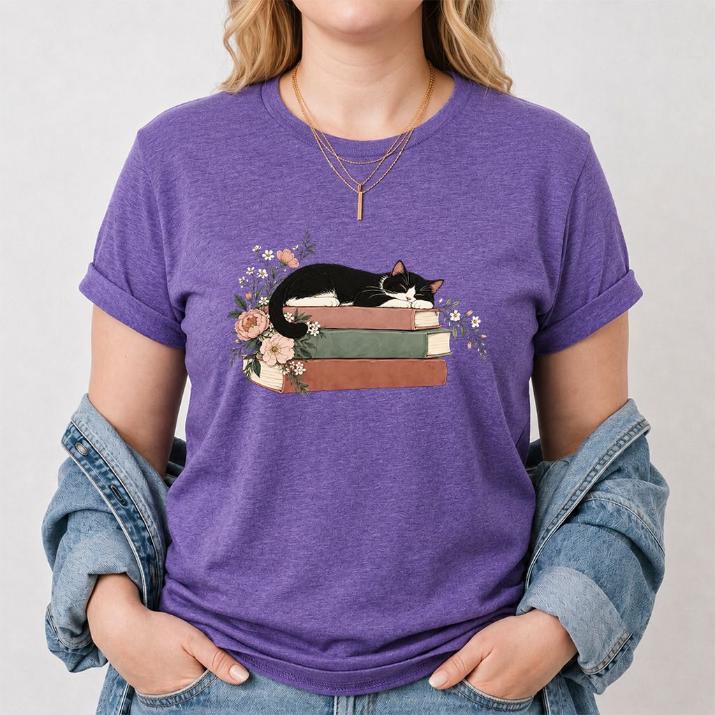 Sleeping Tuxedo Cat On Books Printed T-Shirt | Cat Lover Reader Gift Heather Purple