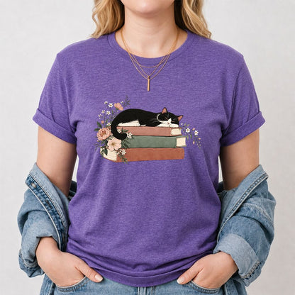 Sleeping Tuxedo Cat On Books Printed T-Shirt | Cat Lover Reader Gift Heather Purple
