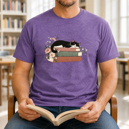 Sleeping Tuxedo Cat On Books Printed T-Shirt | Cat Lover Reader Gift Heather Purple