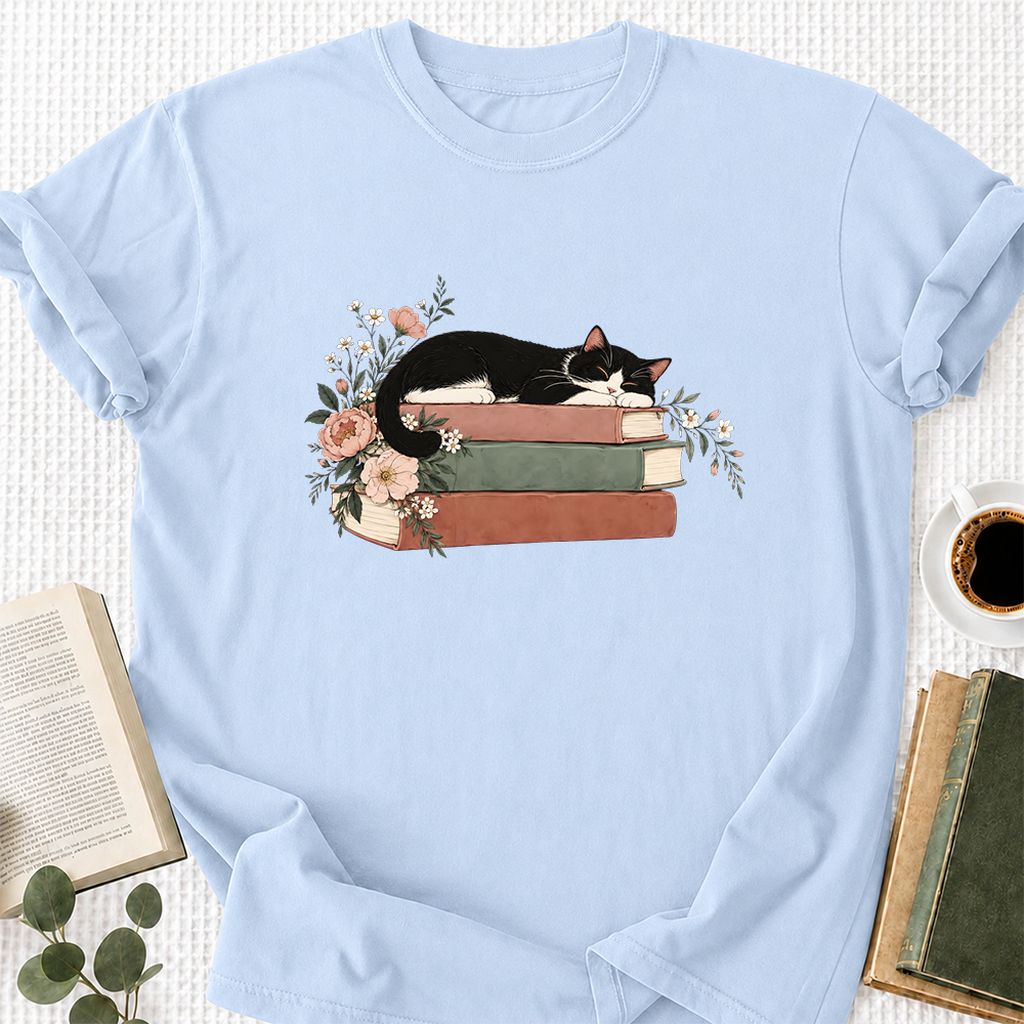 Sleeping Tuxedo Cat On Books Printed T-Shirt | Cat Lover Reader Gift Light Blue
