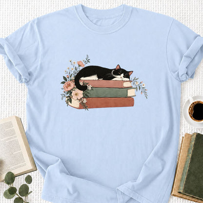 Sleeping Tuxedo Cat On Books Printed T-Shirt | Cat Lover Reader Gift Light Blue