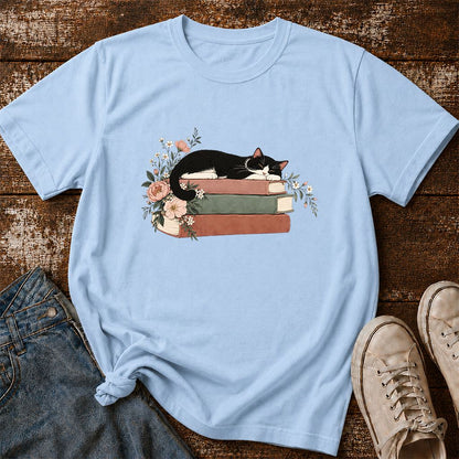 Sleeping Tuxedo Cat On Books Printed T-Shirt | Cat Lover Reader Gift Light Blue