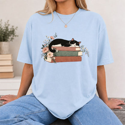 Sleeping Tuxedo Cat On Books Printed T-Shirt | Cat Lover Reader Gift Light Blue