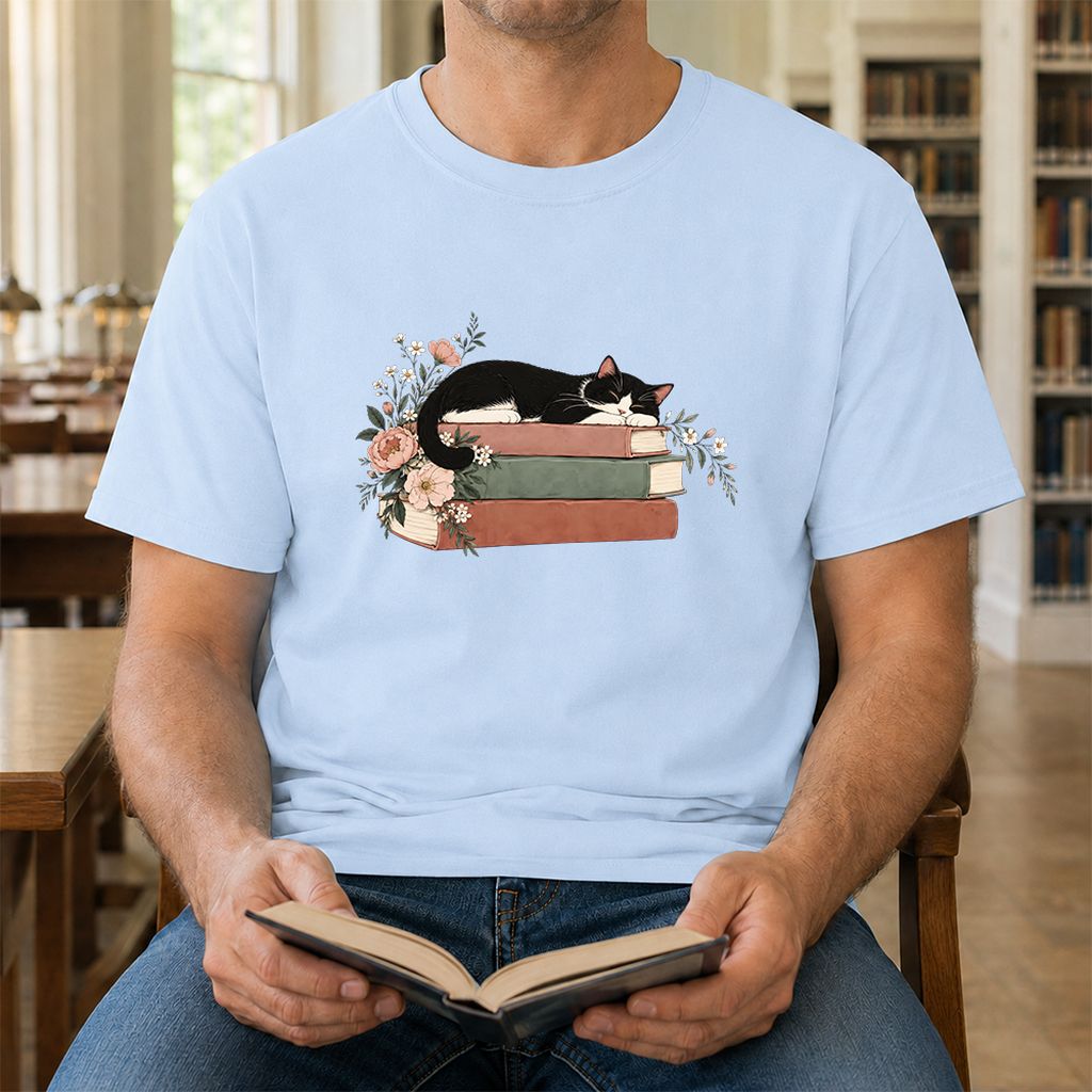 Sleeping Tuxedo Cat On Books Printed T-Shirt | Cat Lover Reader Gift Light Blue