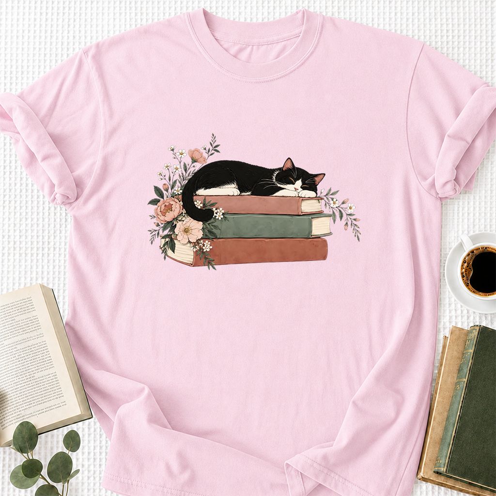 Sleeping Tuxedo Cat On Books Printed T-Shirt | Cat Lover Reader Gift Light Pink