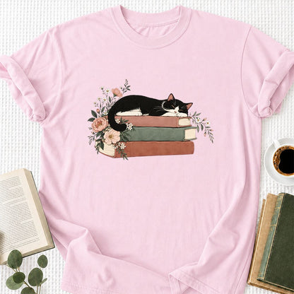 Sleeping Tuxedo Cat On Books Printed T-Shirt | Cat Lover Reader Gift Light Pink