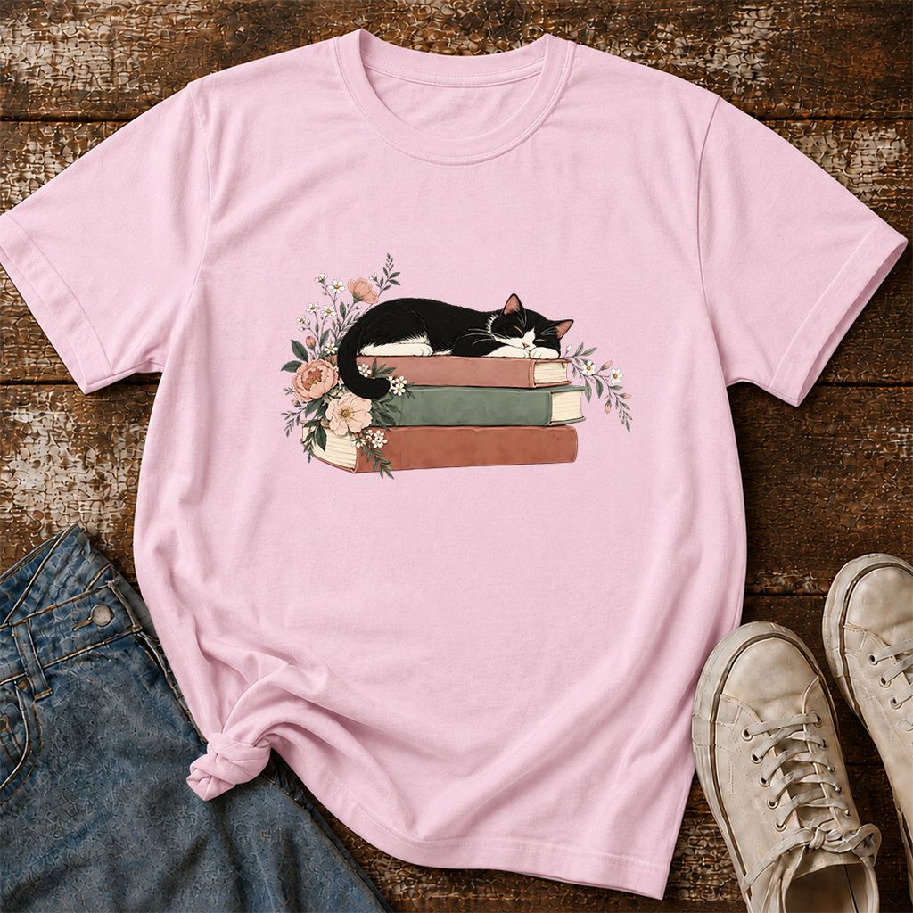 Sleeping Tuxedo Cat On Books Printed T-Shirt | Cat Lover Reader Gift Light Pink