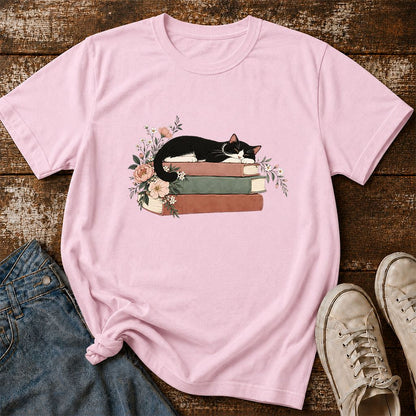 Sleeping Tuxedo Cat On Books Printed T-Shirt | Cat Lover Reader Gift Light Pink