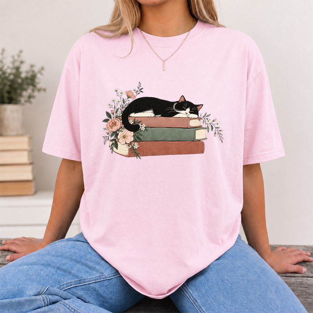 Sleeping Tuxedo Cat On Books Printed T-Shirt | Cat Lover Reader Gift Light Pink