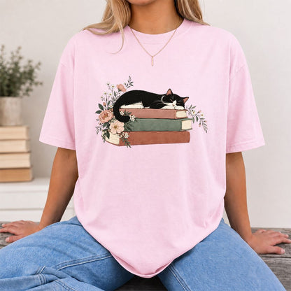 Sleeping Tuxedo Cat On Books Printed T-Shirt | Cat Lover Reader Gift Light Pink