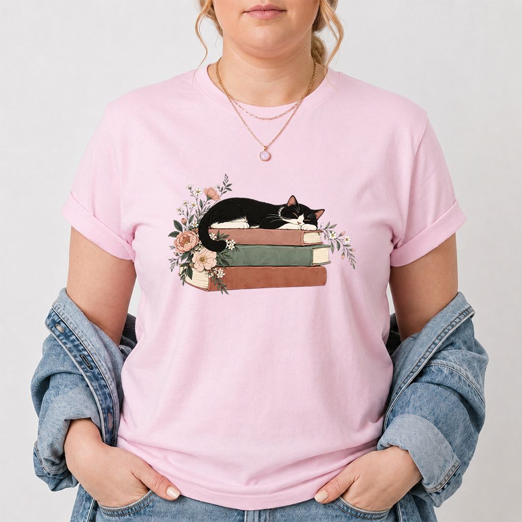 Sleeping Tuxedo Cat On Books Printed T-Shirt | Cat Lover Reader Gift Light Pink