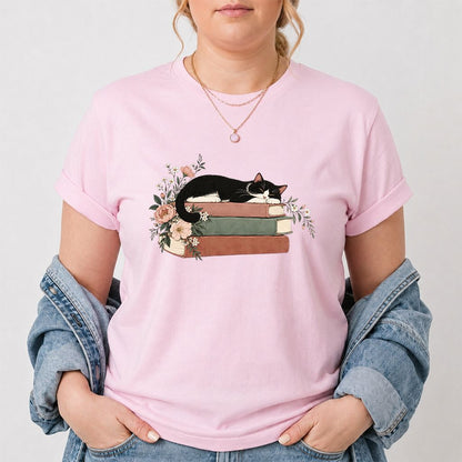 Sleeping Tuxedo Cat On Books Printed T-Shirt | Cat Lover Reader Gift Light Pink