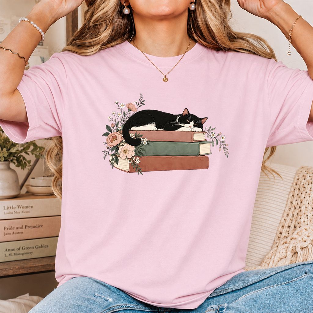 Sleeping Tuxedo Cat On Books Printed T-Shirt | Cat Lover Reader Gift Light Pink