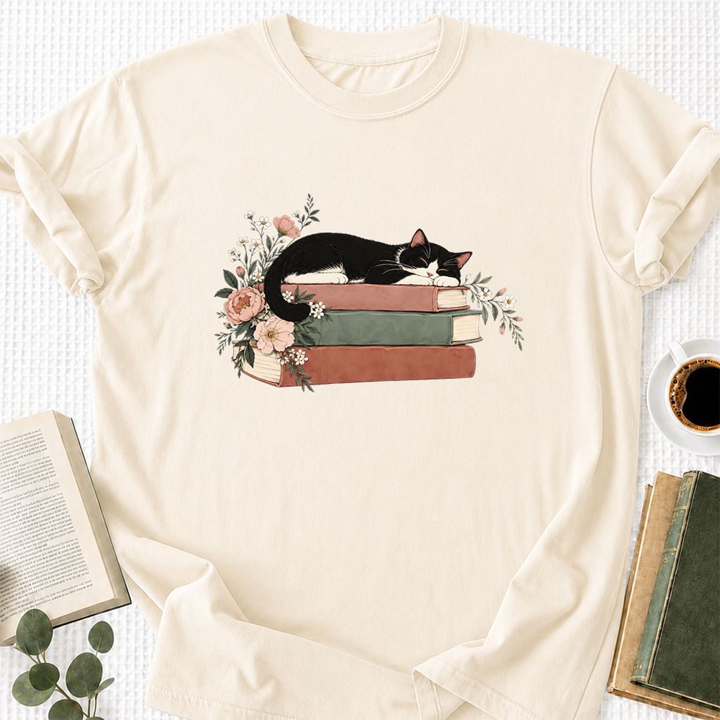 Sleeping Tuxedo Cat On Books Printed T-Shirt | Cat Lover Reader Gift Natural