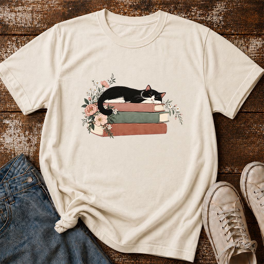 Sleeping Tuxedo Cat On Books Printed T-Shirt | Cat Lover Reader Gift Natural