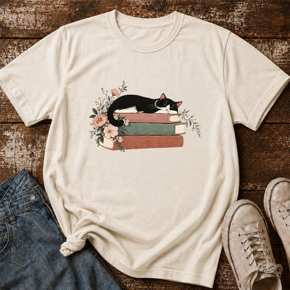 Sleeping Tuxedo Cat On Books Printed T-Shirt | Cat Lover Reader Gift Natural