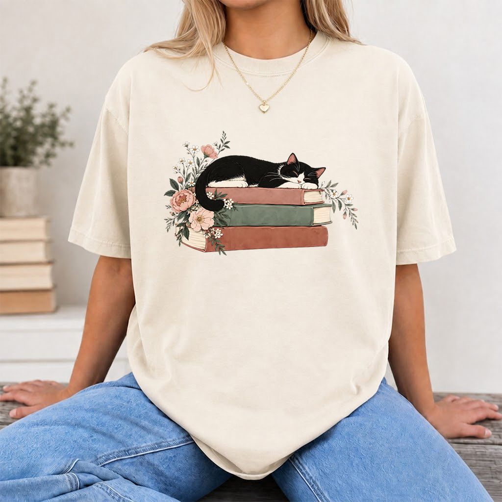 Sleeping Tuxedo Cat On Books Printed T-Shirt | Cat Lover Reader Gift Natural
