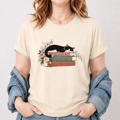 Sleeping Tuxedo Cat On Books Printed T-Shirt | Cat Lover Reader Gift Natural
