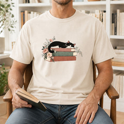 Sleeping Tuxedo Cat On Books Printed T-Shirt | Cat Lover Reader Gift Natural