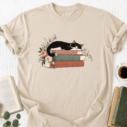 Sleeping Tuxedo Cat On Books Printed T-Shirt | Cat Lover Reader Gift Sand