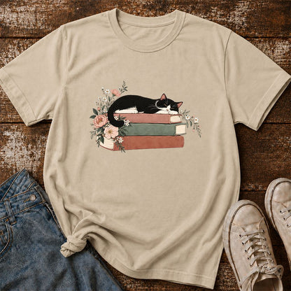 Sleeping Tuxedo Cat On Books Printed T-Shirt | Cat Lover Reader Gift Sand