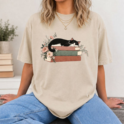 Sleeping Tuxedo Cat On Books Printed T-Shirt | Cat Lover Reader Gift Sand