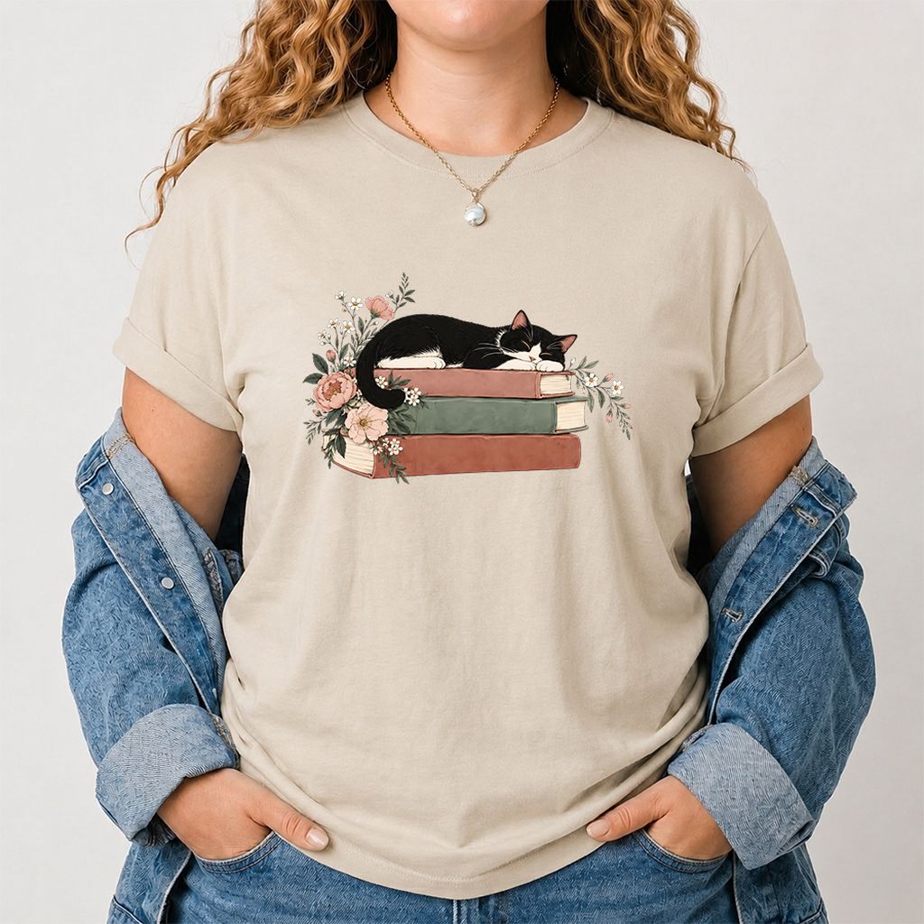Sleeping Tuxedo Cat On Books Printed T-Shirt | Cat Lover Reader Gift Sand