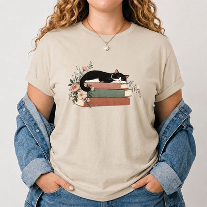 Sleeping Tuxedo Cat On Books Printed T-Shirt | Cat Lover Reader Gift Sand