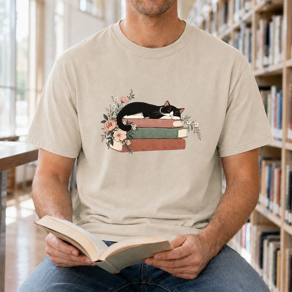 Sleeping Tuxedo Cat On Books Printed T-Shirt | Cat Lover Reader Gift Sand