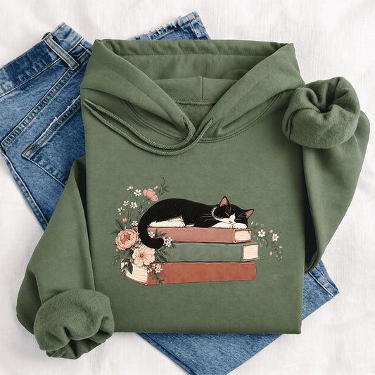 Sleeping Tuxedo Cat On Books Softstyle Hoodie | Cat Lover Reader Gift Military Green