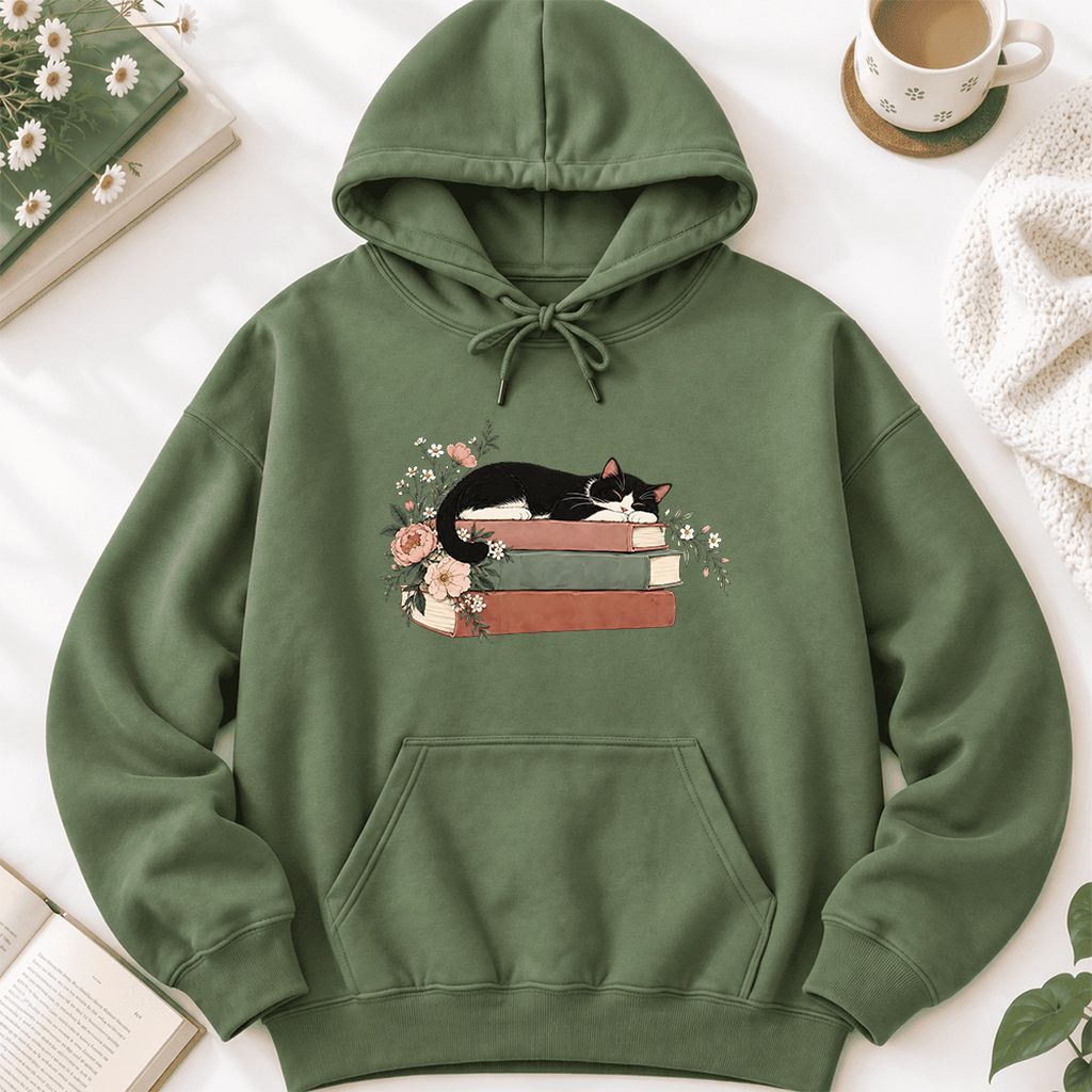 Sleeping Tuxedo Cat On Books Softstyle Hoodie | Cat Lover Reader Gift Military Green