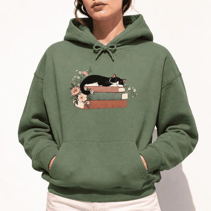 Sleeping Tuxedo Cat On Books Softstyle Hoodie | Cat Lover Reader Gift Military Green