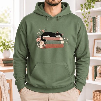 Sleeping Tuxedo Cat On Books Softstyle Hoodie | Cat Lover Reader Gift Military Green