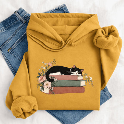 Sleeping Tuxedo Cat On Books Softstyle Hoodie | Cat Lover Reader Gift Mustard