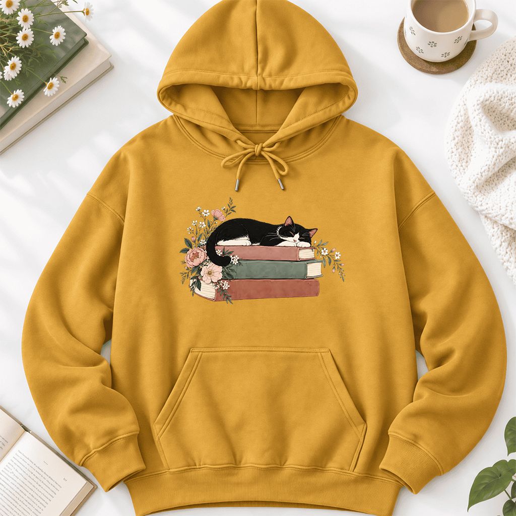 Sleeping Tuxedo Cat On Books Softstyle Hoodie | Cat Lover Reader Gift Mustard