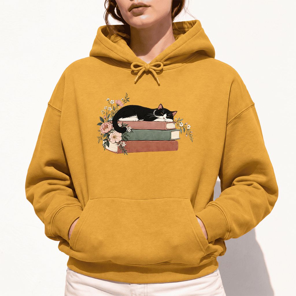 Sleeping Tuxedo Cat On Books Softstyle Hoodie | Cat Lover Reader Gift Mustard