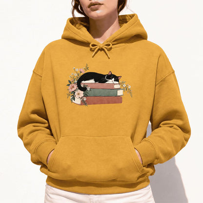 Sleeping Tuxedo Cat On Books Softstyle Hoodie | Cat Lover Reader Gift Mustard