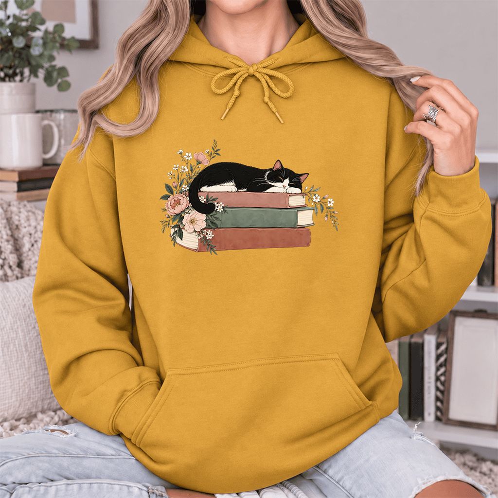 Sleeping Tuxedo Cat On Books Softstyle Hoodie | Cat Lover Reader Gift Mustard