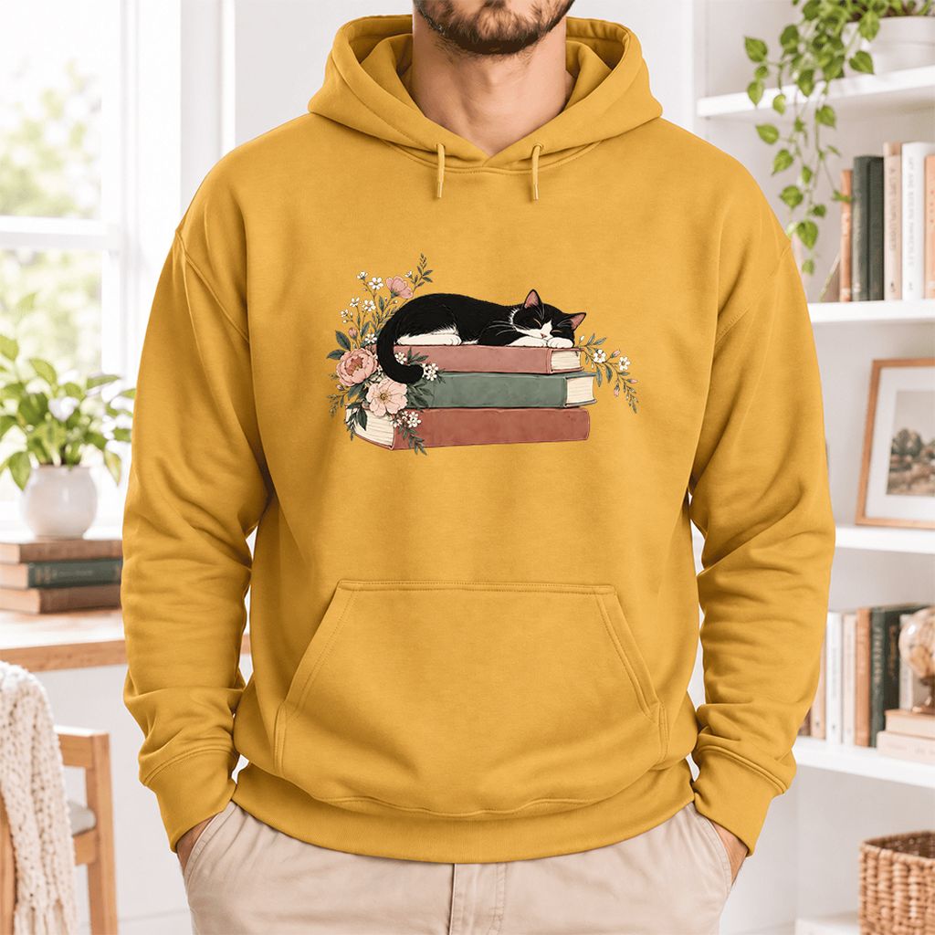 Sleeping Tuxedo Cat On Books Softstyle Hoodie | Cat Lover Reader Gift Mustard