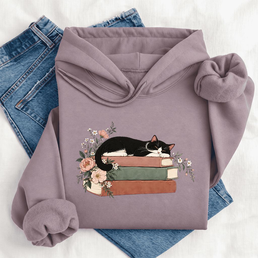Sleeping Tuxedo Cat On Books Softstyle Hoodie | Cat Lover Reader Gift Paragon