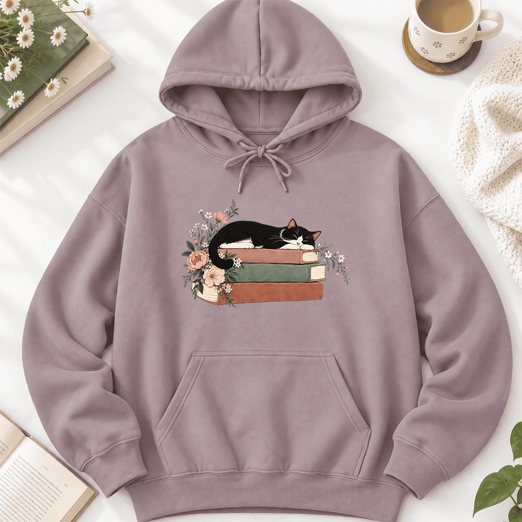 Sleeping Tuxedo Cat On Books Softstyle Hoodie | Cat Lover Reader Gift Paragon