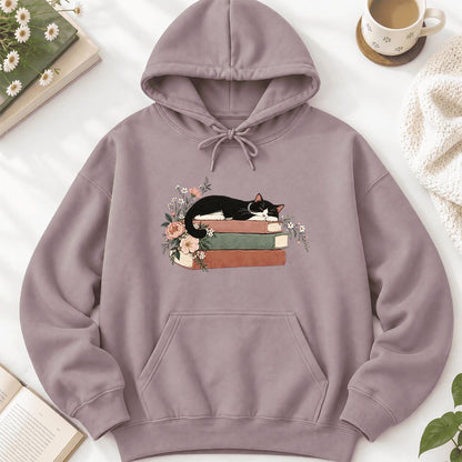 Sleeping Tuxedo Cat On Books Softstyle Hoodie | Cat Lover Reader Gift Paragon