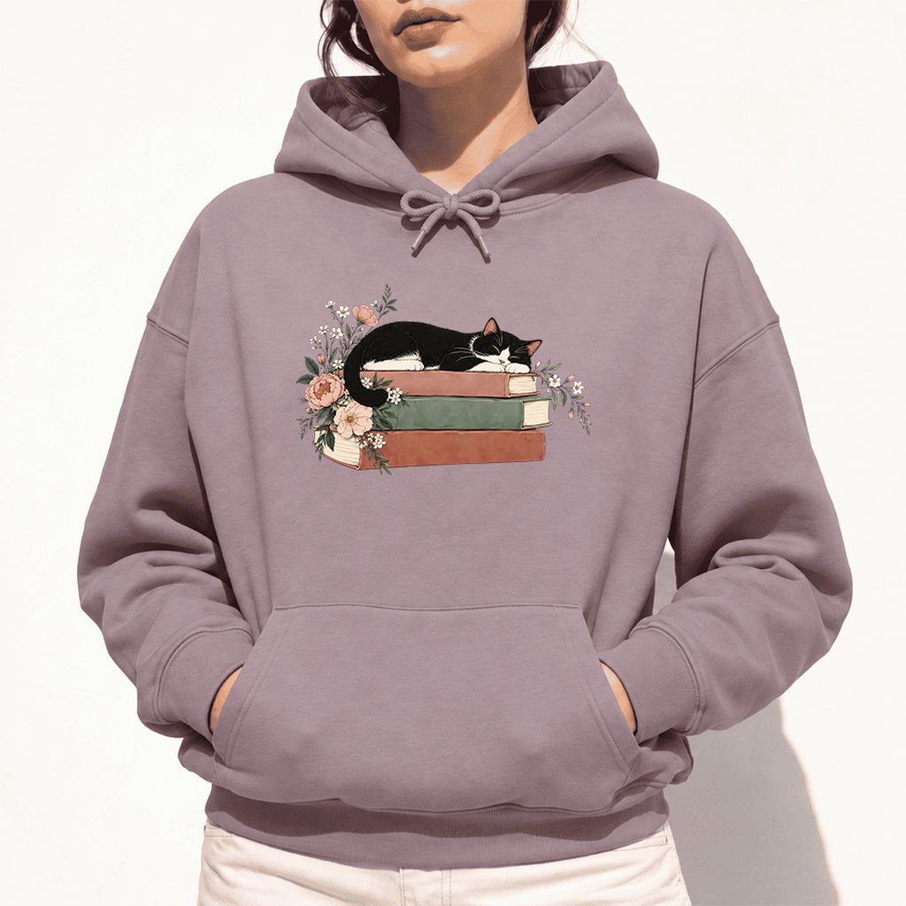 Sleeping Tuxedo Cat On Books Softstyle Hoodie | Cat Lover Reader Gift Paragon